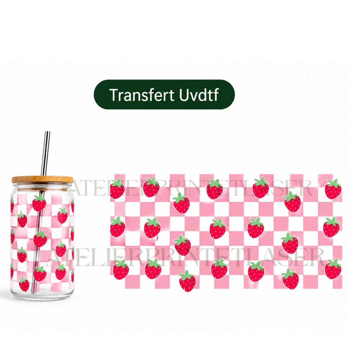 Transfert UV DTF – Motif fraises et damier rose