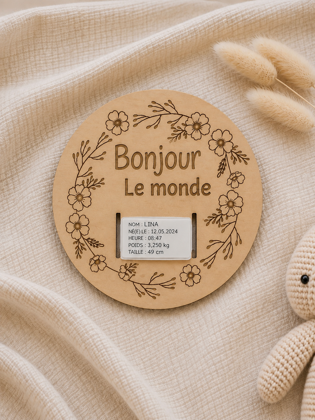 Plaque de naissance en bois gravée - Accessoire photo bébé
