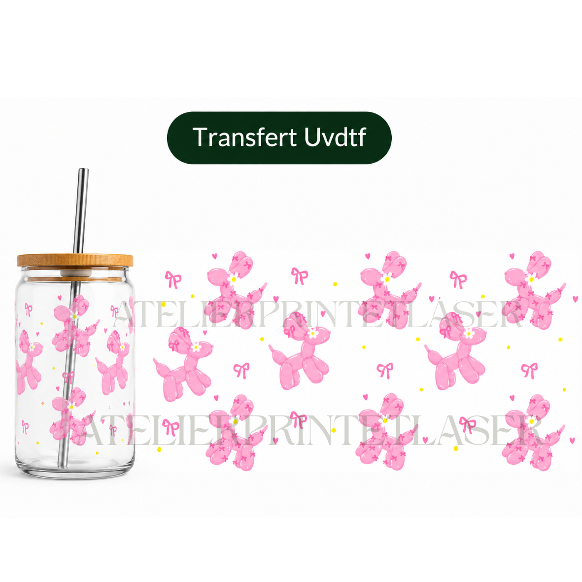 Transfert UV DTF Ballons Chien Roses